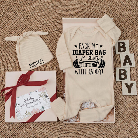 Pack My Diaper Bag I'm Going Lifting with Daddy Baby Bodysuit Funny Gym Clothes Custom Newborn Romper Fitness Workout Gift Idea