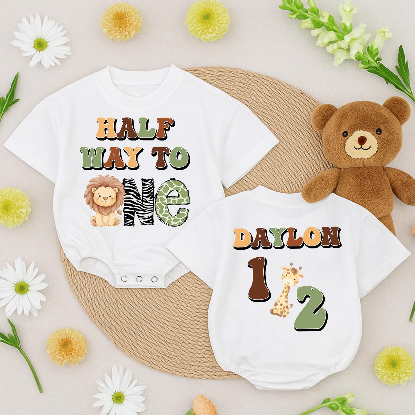 Baby Boy Half Birthday Safari Outfit Custom Name "Half Way to One" Lion Zebra Green Khaki Retro