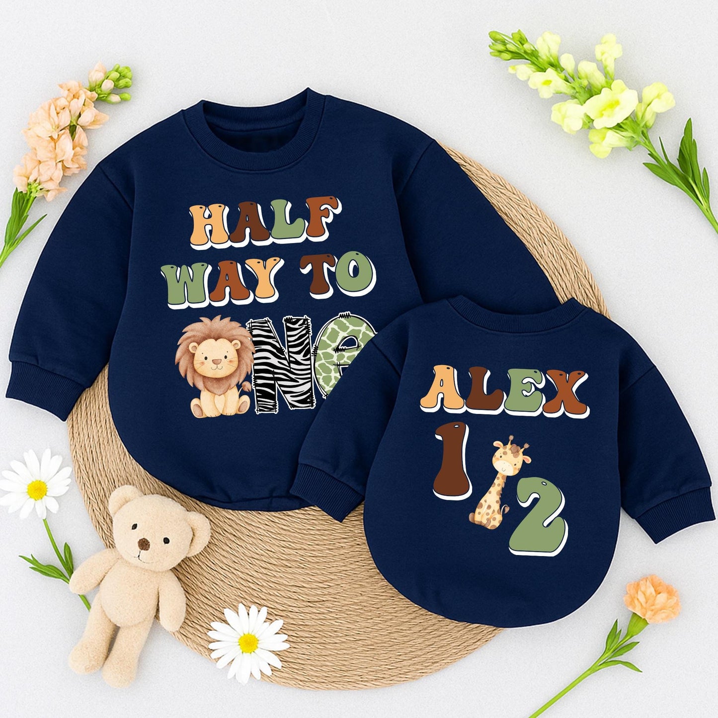 Baby Boy Half Birthday Safari Outfit Custom Name "Half Way to One" Lion Zebra Green Khaki Retro