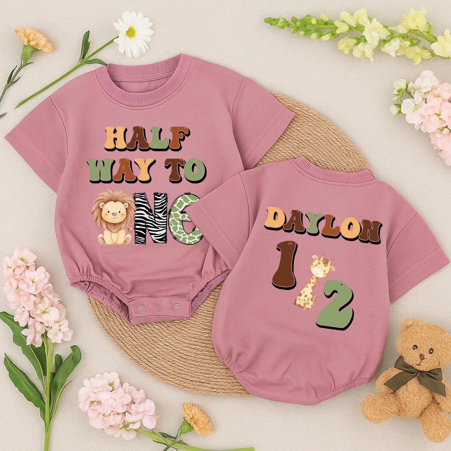 Baby Boy Half Birthday Safari Outfit Custom Name "Half Way to One" Lion Zebra Green Khaki Retro