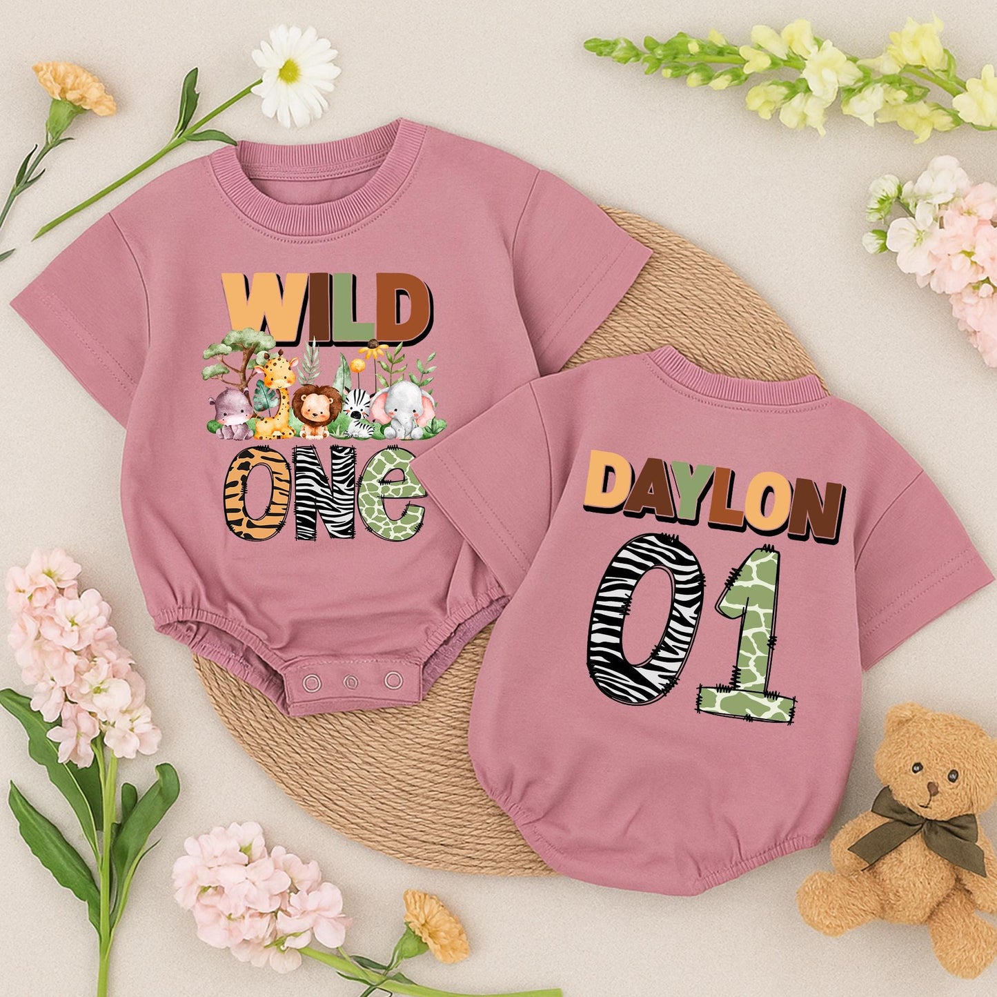 Wild One Safari Birthday Romper Personalized Daylon 01 Jungle Animals Baby Toddler Outfit First Birthday Boy Girl Gift