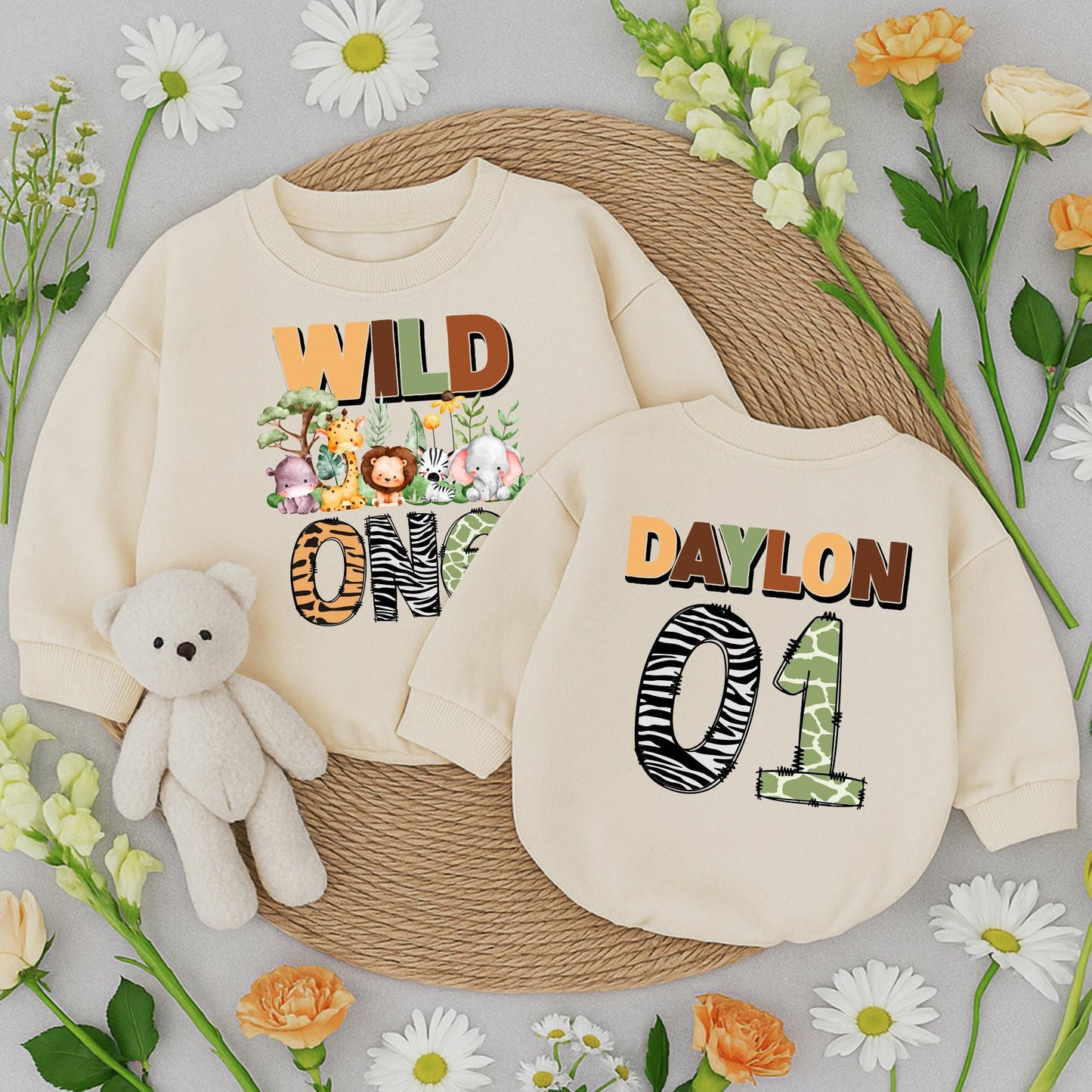 Wild One Safari Birthday Romper Personalized Daylon 01 Jungle Animals Baby Toddler Outfit First Birthday Boy Girl Gift