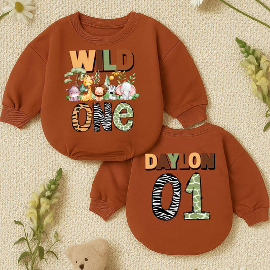 Wild One Safari Birthday Romper Personalized Daylon 01 Jungle Animals Baby Toddler Outfit First Birthday Boy Girl Gift
