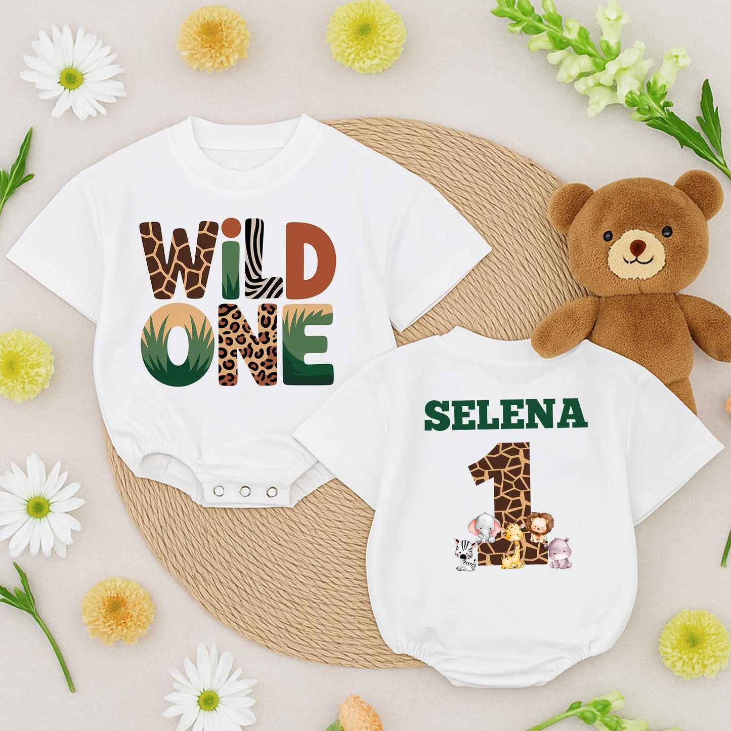 Custom Wild One Safari Birthday Outfit Baby Boy "SELENA" Giraffe Print First Birthday Bash Celebration Gift