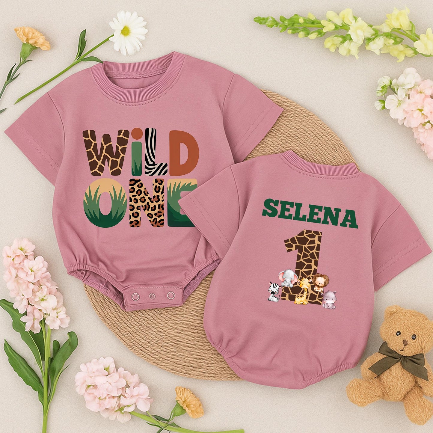 Custom Wild One Safari Birthday Outfit Baby Boy "SELENA" Giraffe Print First Birthday Bash Celebration Gift