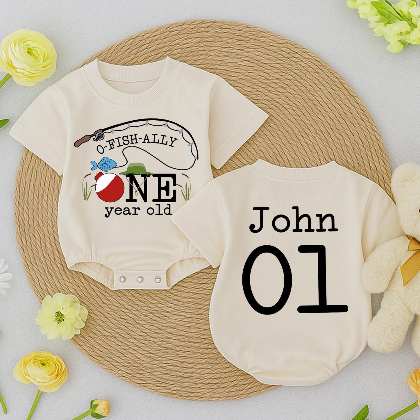 O-Fish-Ally One Birthday Baby Romper Fishing Bobber Reeds Blue Fish Green Hat John 01 First Birthday Outfit Toddler Fun Celebration Clothes
