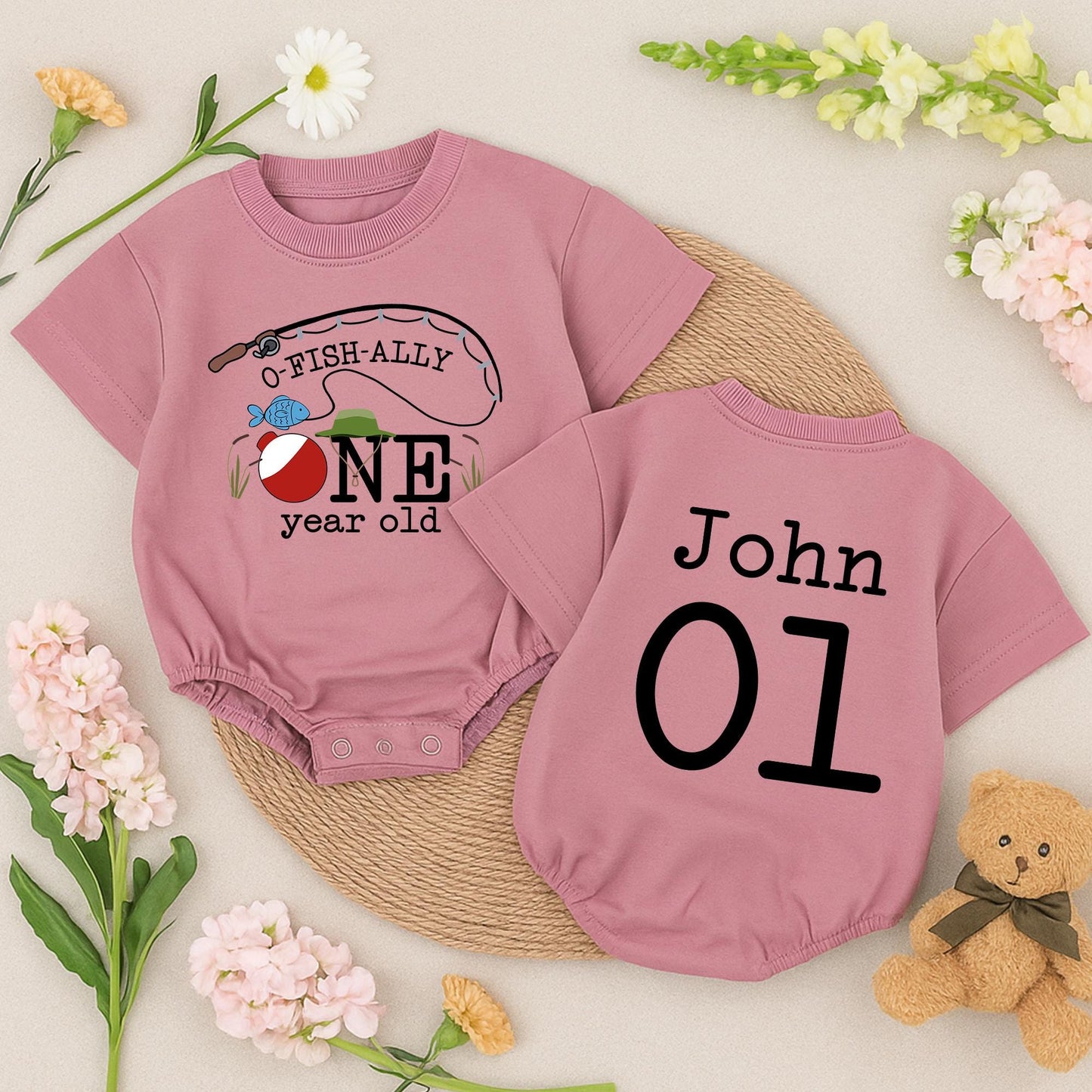 O-Fish-Ally One Birthday Baby Romper Fishing Bobber Reeds Blue Fish Green Hat John 01 First Birthday Outfit Toddler Fun Celebration Clothes