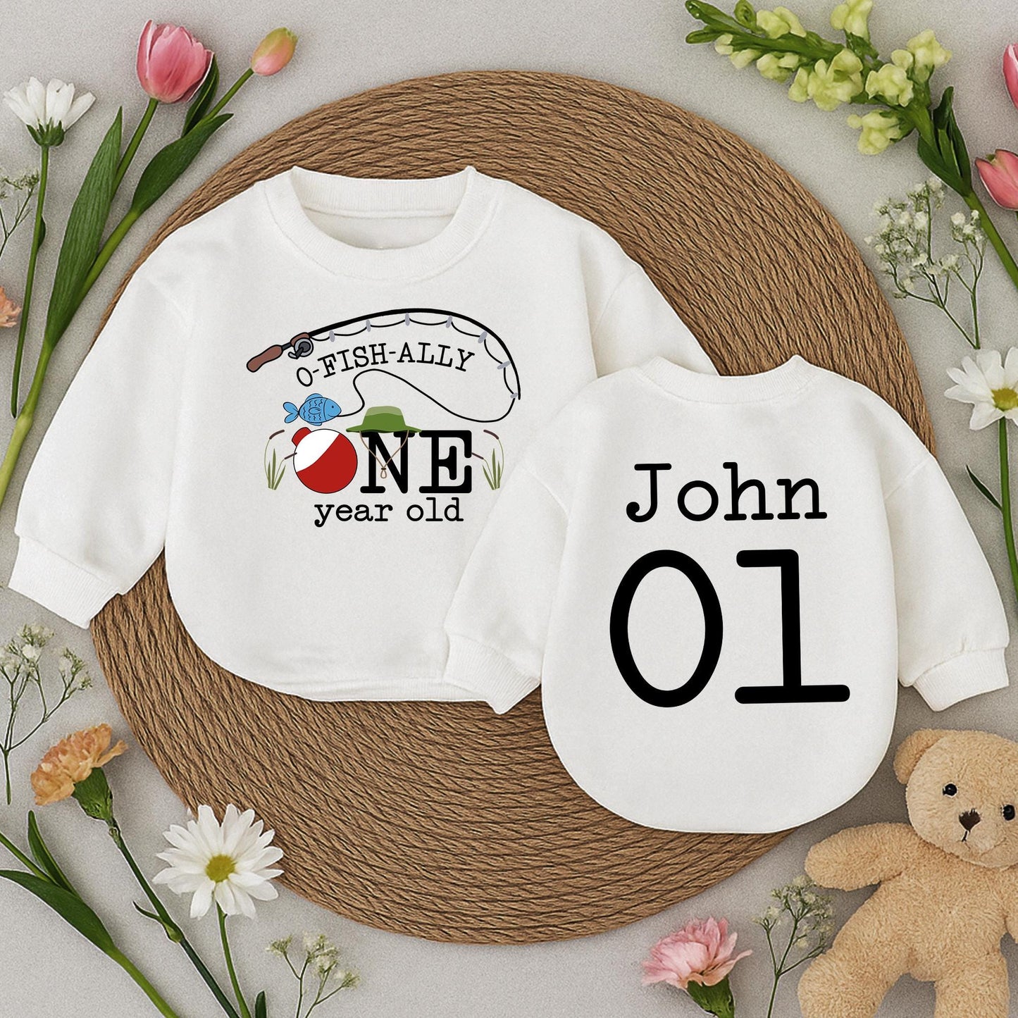 O-Fish-Ally One Birthday Baby Romper Fishing Bobber Reeds Blue Fish Green Hat John 01 First Birthday Outfit Toddler Fun Celebration Clothes