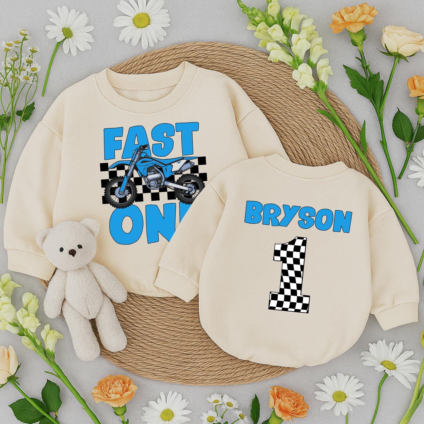 Fast One Racing Birthday Shirt for Baby Boy Blue Motorcycle Checkered Flag First Birthday Outfit