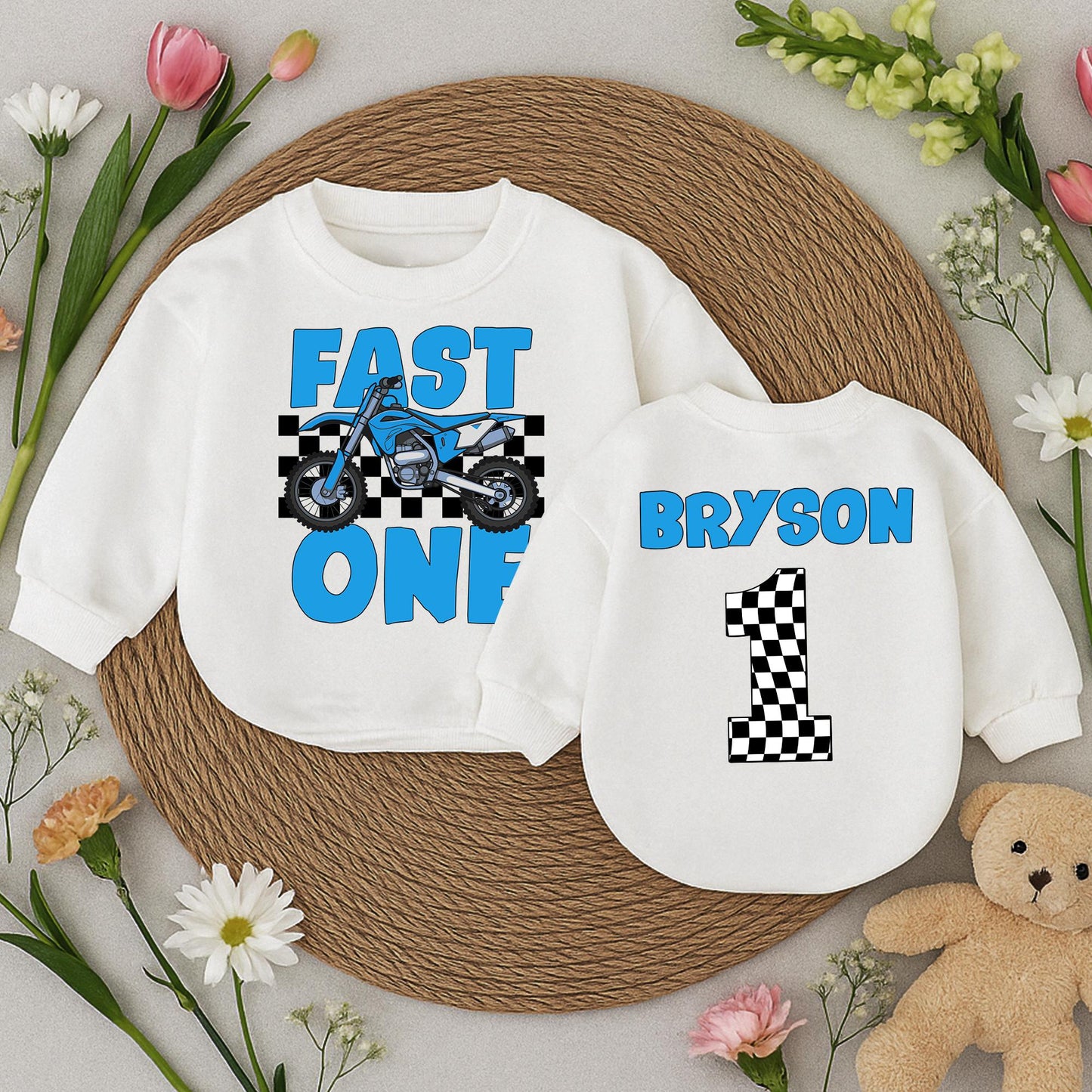 Fast One Racing Birthday Shirt for Baby Boy Blue Motorcycle Checkered Flag First Birthday Outfit