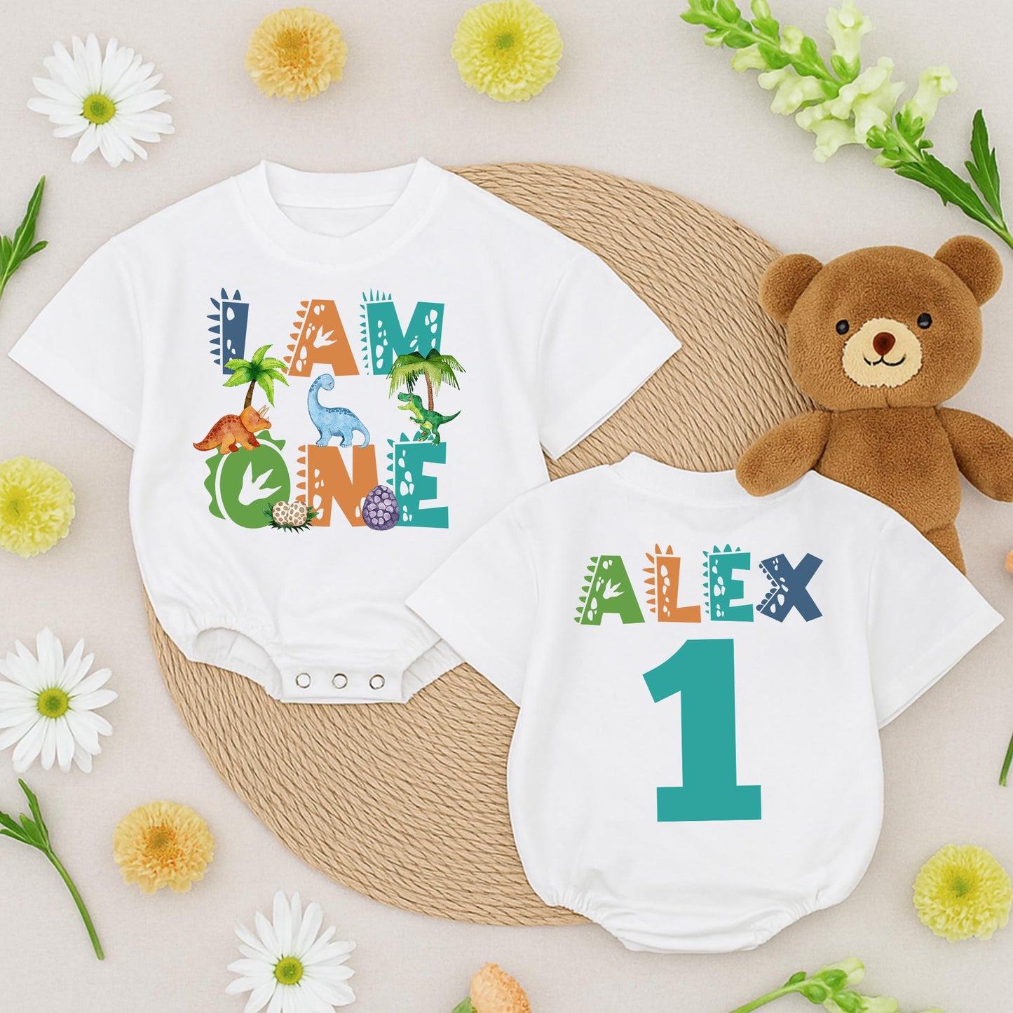 Alex's 1st Birthday Dinosaur Romper Cute Dino Scale Pattern "I Am One" Outfit for Baby Boys