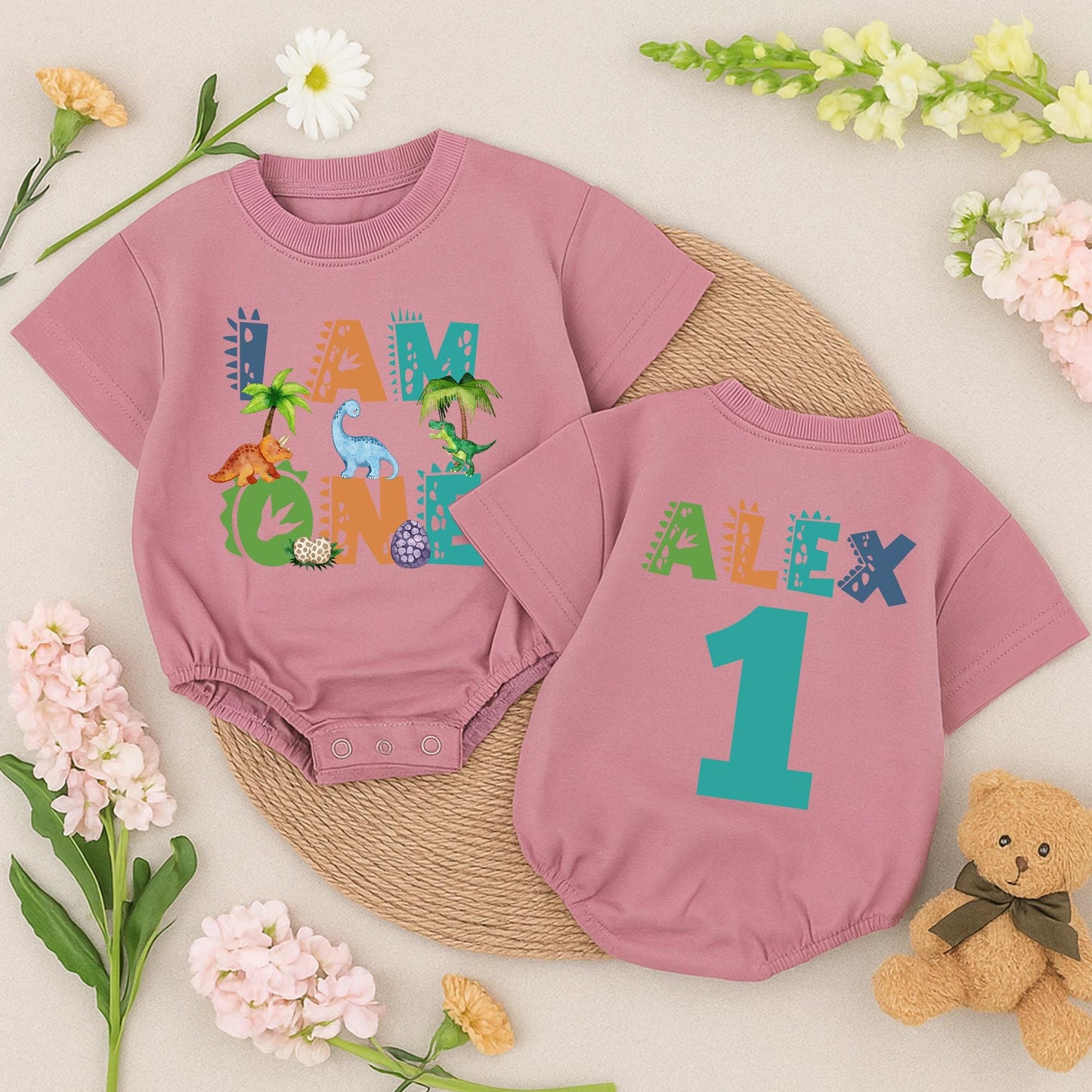 Alex's 1st Birthday Dinosaur Romper Cute Dino Scale Pattern "I Am One" Outfit for Baby Boys