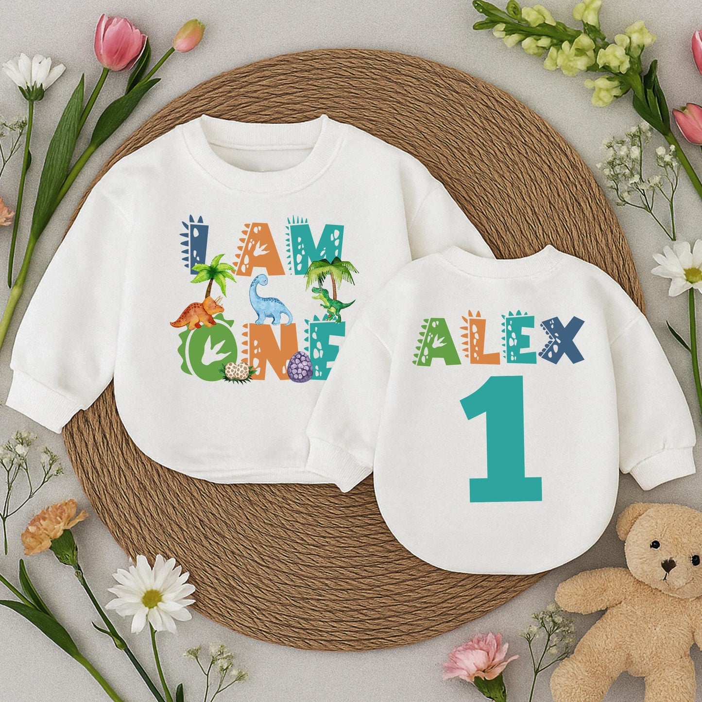 Alex's 1st Birthday Dinosaur Romper Cute Dino Scale Pattern "I Am One" Outfit for Baby Boys