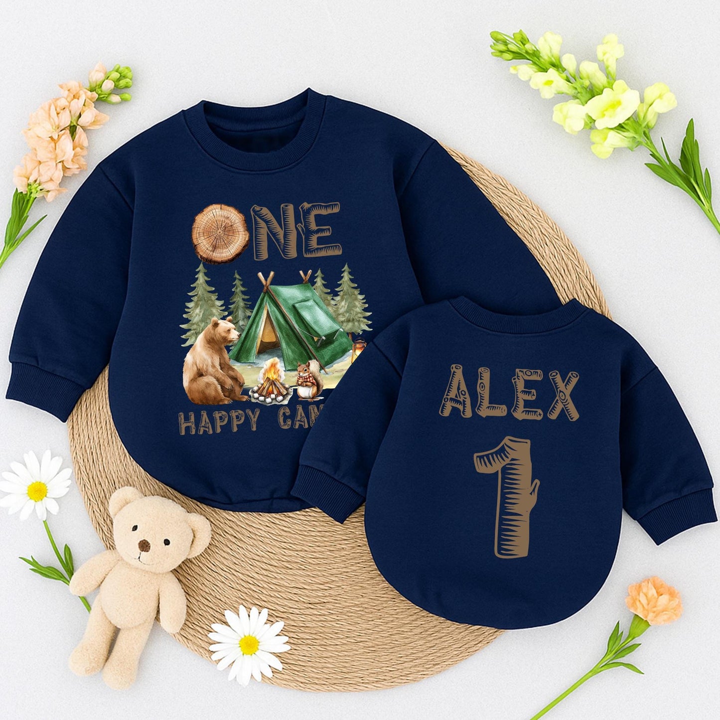 Personalized One Happy Camper Baby Romper Retro First Birthday Camping Adventure Outfit Toddler Boys Girls Baby Shower Gift Earthy Vintage Design