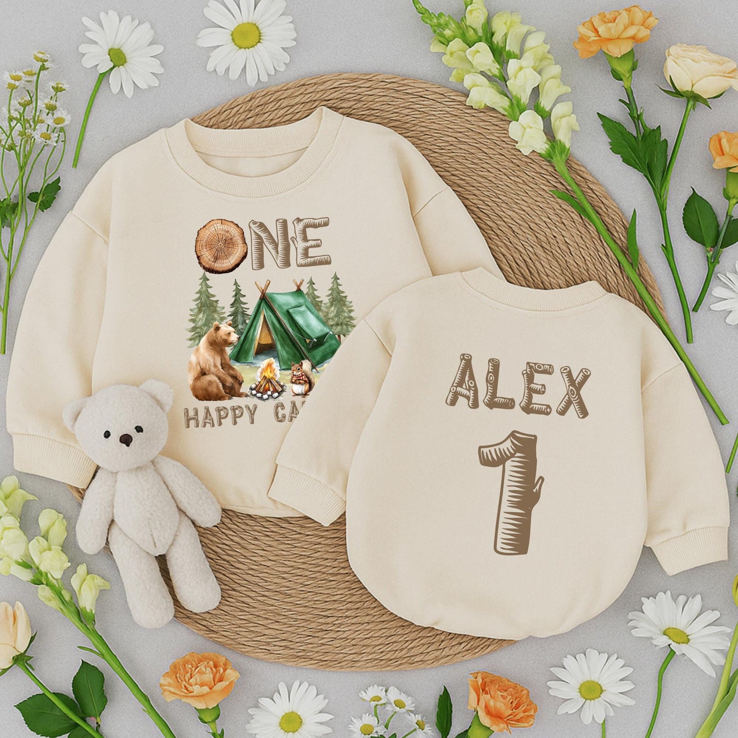 Personalized One Happy Camper Baby Romper Retro First Birthday Camping Adventure Outfit Toddler Boys Girls Baby Shower Gift Earthy Vintage Design