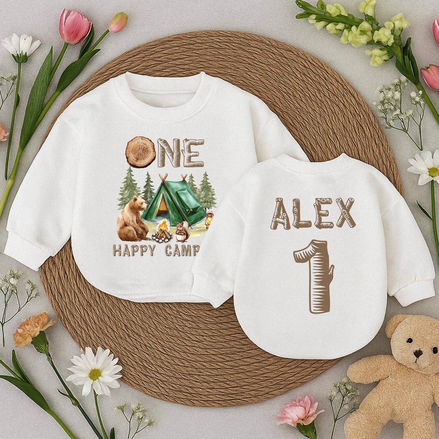 Personalized One Happy Camper Baby Romper Retro First Birthday Camping Adventure Outfit Toddler Boys Girls Baby Shower Gift Earthy Vintage Design
