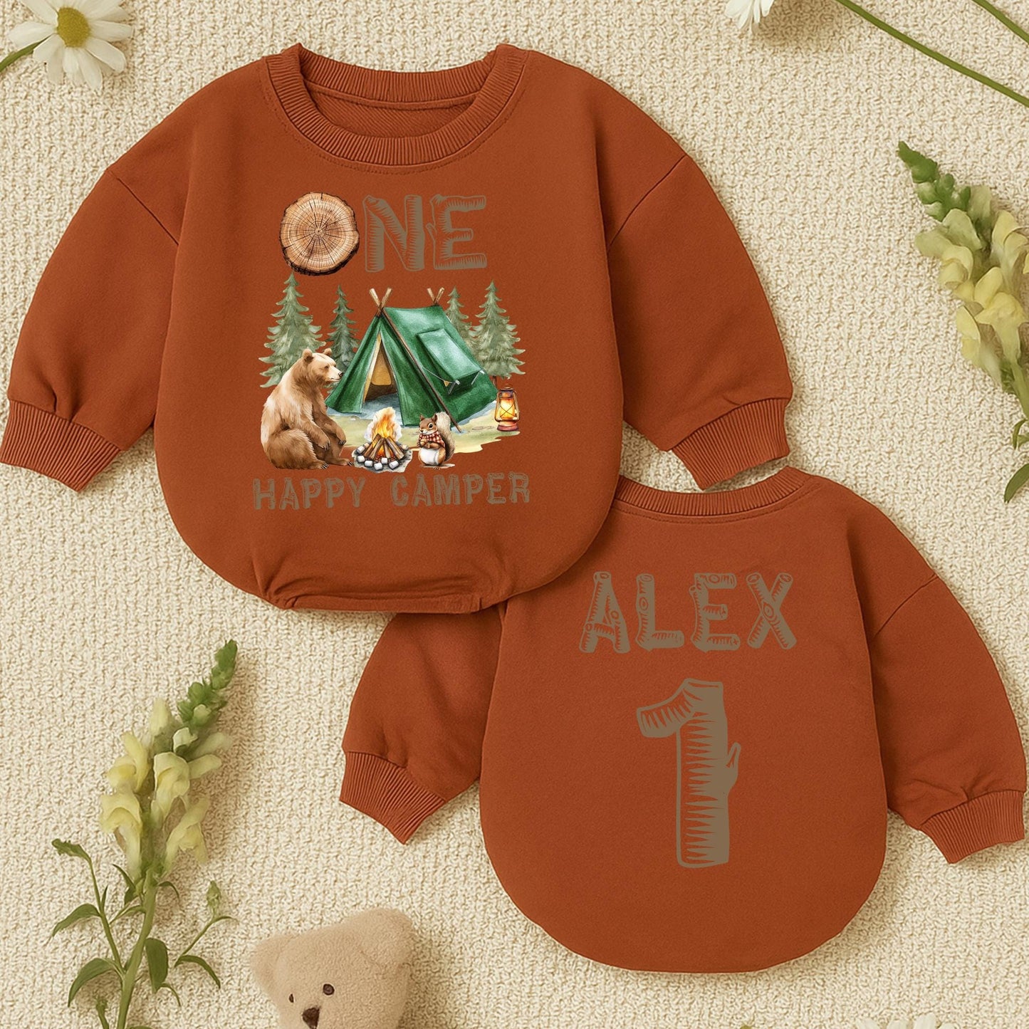 Personalized One Happy Camper Baby Romper Retro First Birthday Camping Adventure Outfit Toddler Boys Girls Baby Shower Gift Earthy Vintage Design