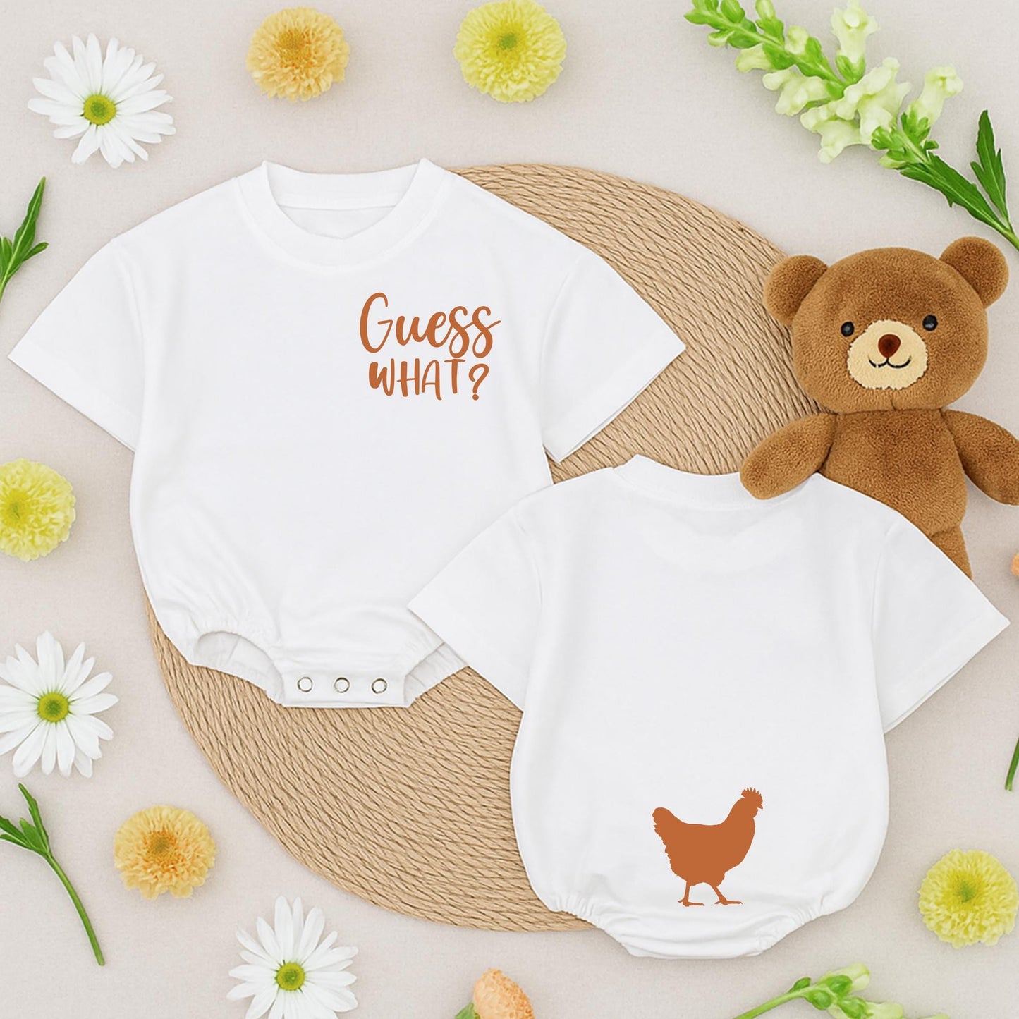 Guess What Chicken Butt Baby Romper Funny Double Sided Bodysuit Gender Neutral Baby Shower Gift Cute Newborn Outfit White Text