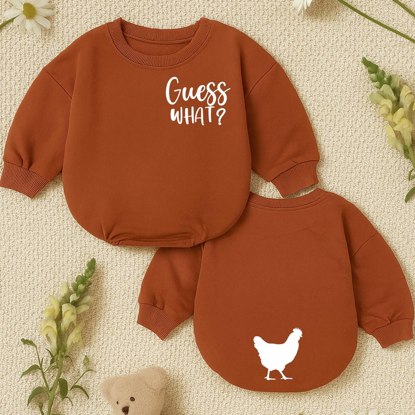 Guess What Chicken Butt Baby Romper Funny Double Sided Bodysuit Gender Neutral Baby Shower Gift Cute Newborn Outfit White Text