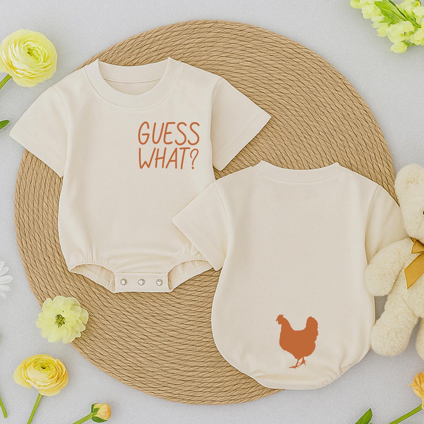 Guess What Chicken Butt Baby Romper Funny Baby Bodysuit White Chicken Silhouette Gender Neutral Outfit Cute Baby Shower Gift Double Sided