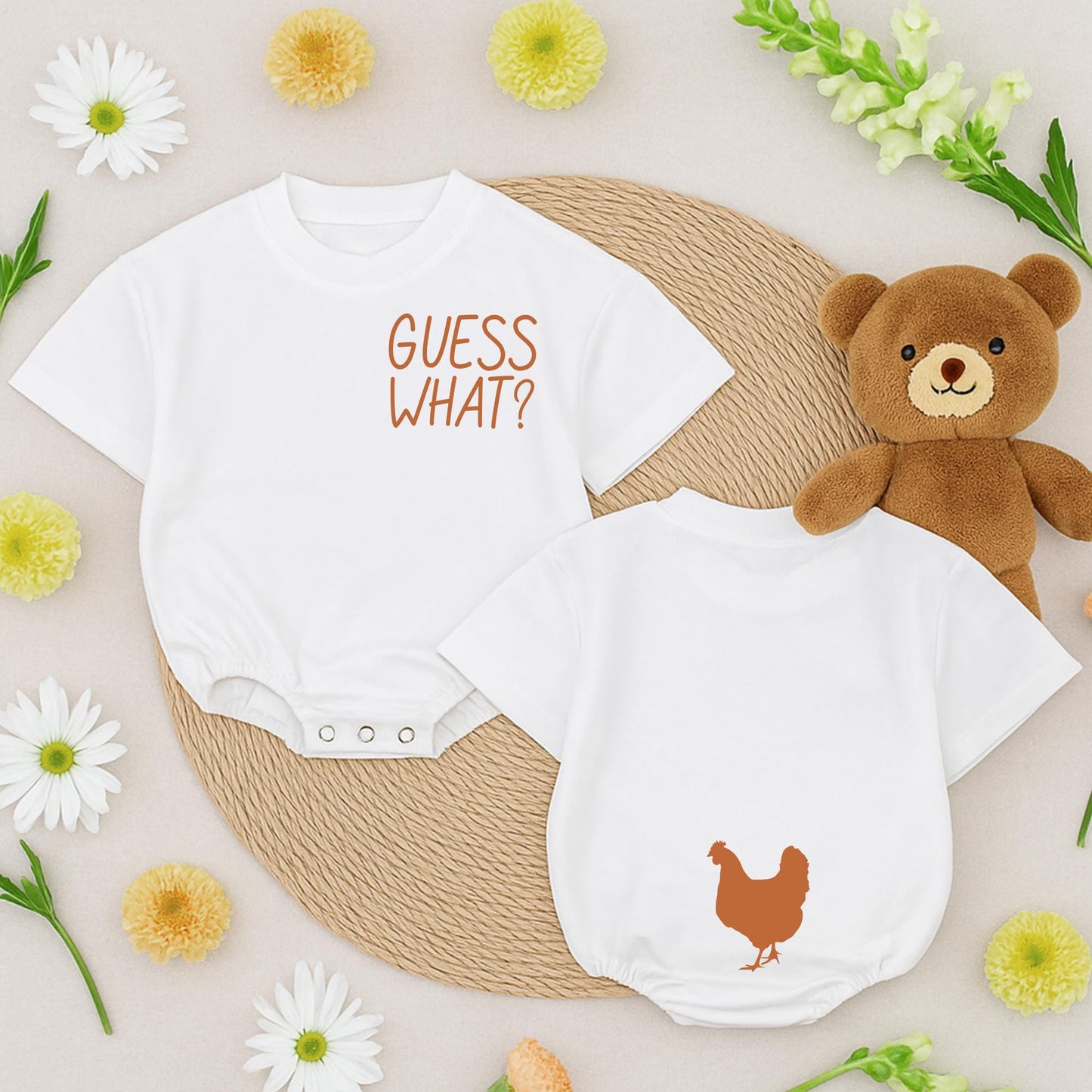 Guess What Chicken Butt Baby Romper Funny Baby Bodysuit White Chicken Silhouette Gender Neutral Outfit Cute Baby Shower Gift Double Sided