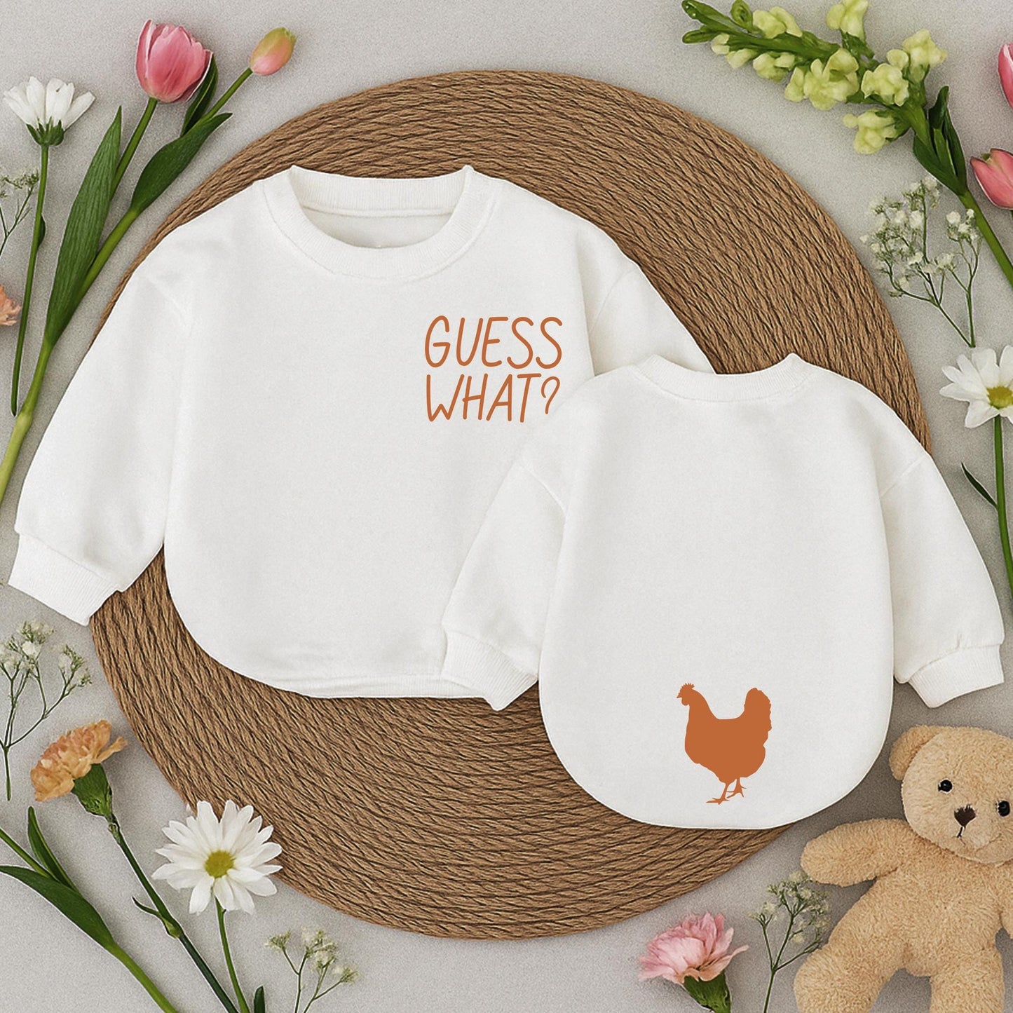 Guess What Chicken Butt Baby Romper Funny Baby Bodysuit White Chicken Silhouette Gender Neutral Outfit Cute Baby Shower Gift Double Sided
