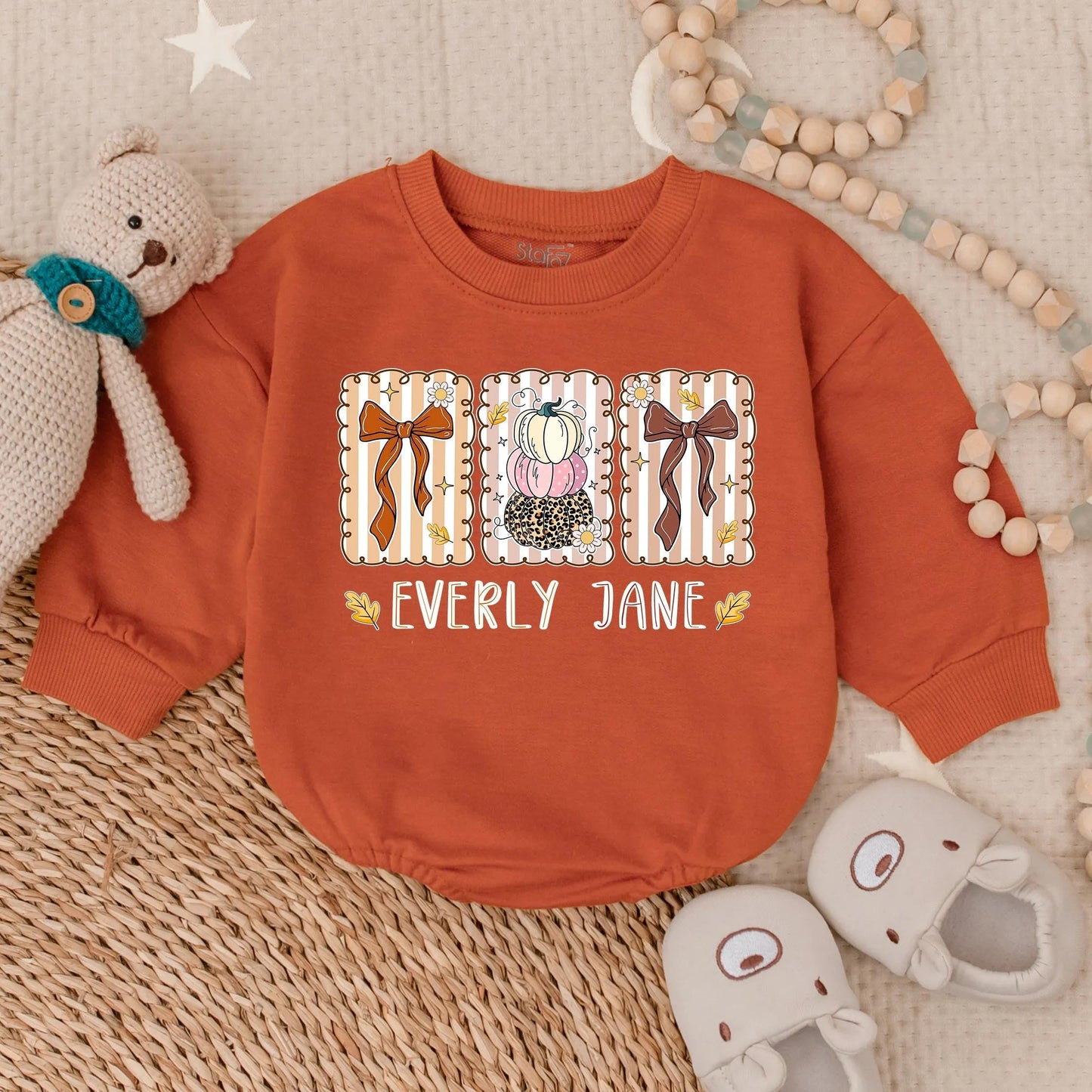 Custom Floral Fall Baby Girl Bubble Romper, Pumpkin & Thanksgiving Outfit, Autumn Clothes Gift for Baby's First Thanksgiving