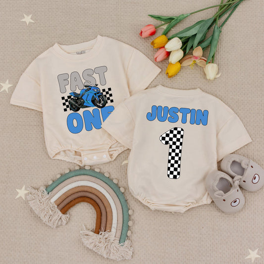 Fast One 1st Birthday Romper: Blue Motorcycle Graphic, Justin Design Baby Boy Outfit, Biker Theme 1st Birthday Shirt