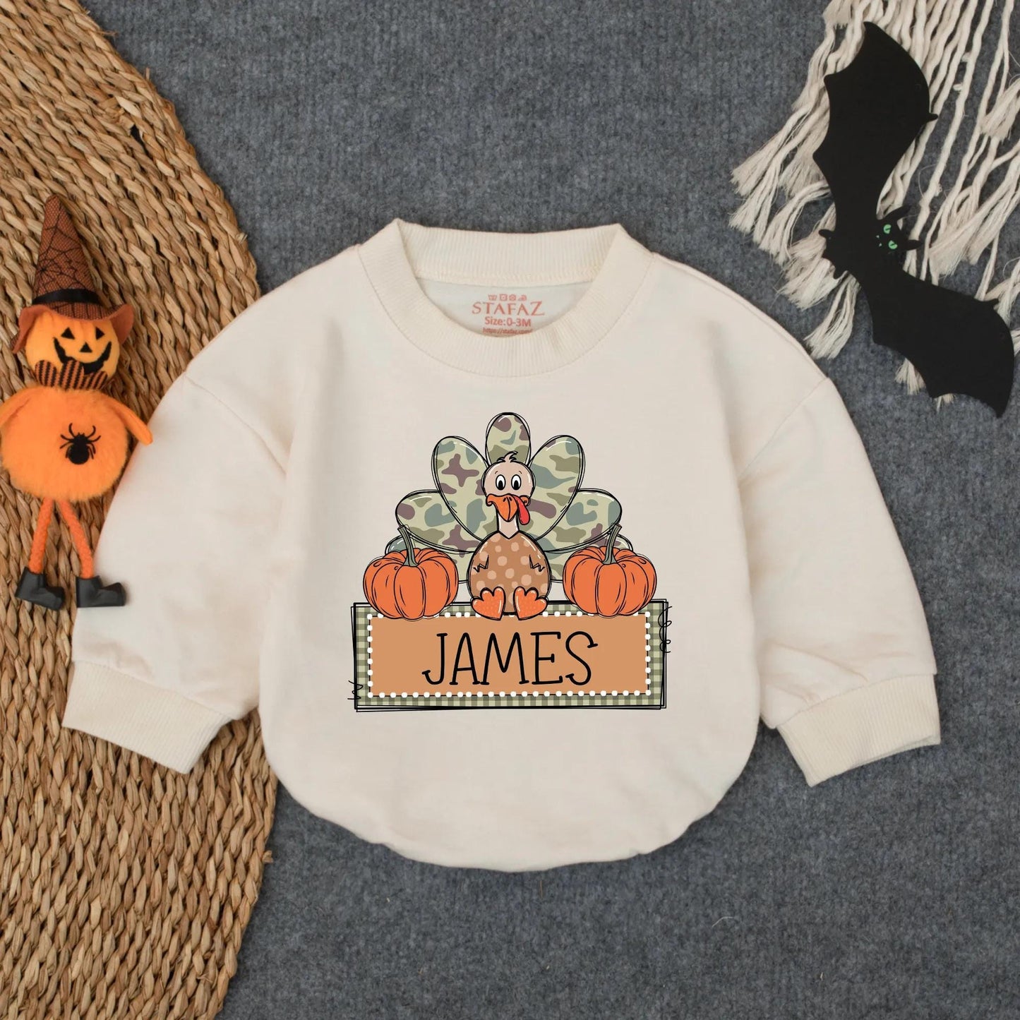 Custom Camo Turkey Boy First Thanksgiving Bubble Romper Infant Bodysuit Cozy Baby Fall Outfit Toddler Autumn Celebration Wear