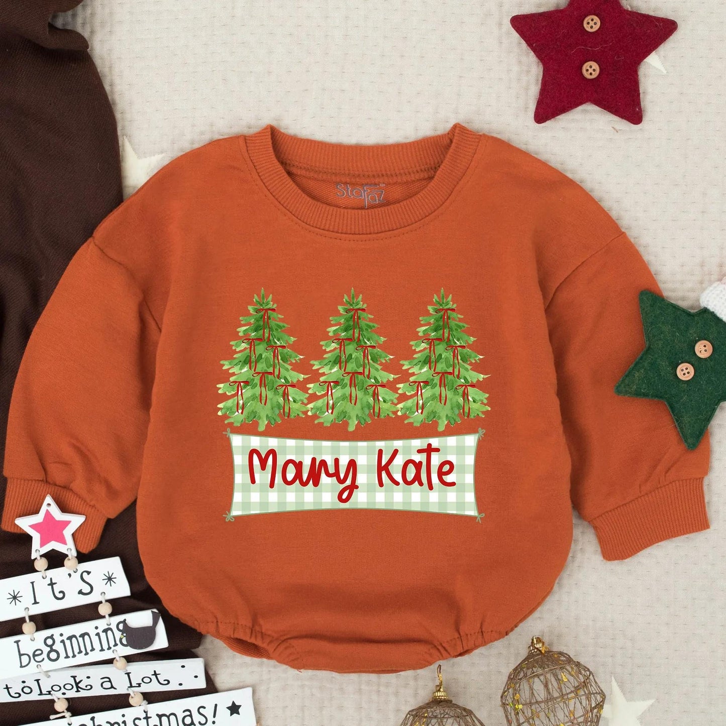 Personalized Mary Kate Christmas Tree Romper, Custom Holiday Baby Outfit, Festive Infant Xmas Bodysuit, Girl Winter Clothes Gift, Gingham Banner 135