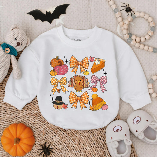 First Thanksgiving Baby Romper, Playful Turkey & Pumpkin Design, Cozy Infant Fall Outfit for Girl or Boy Toddler Autumn Holiday Clothes