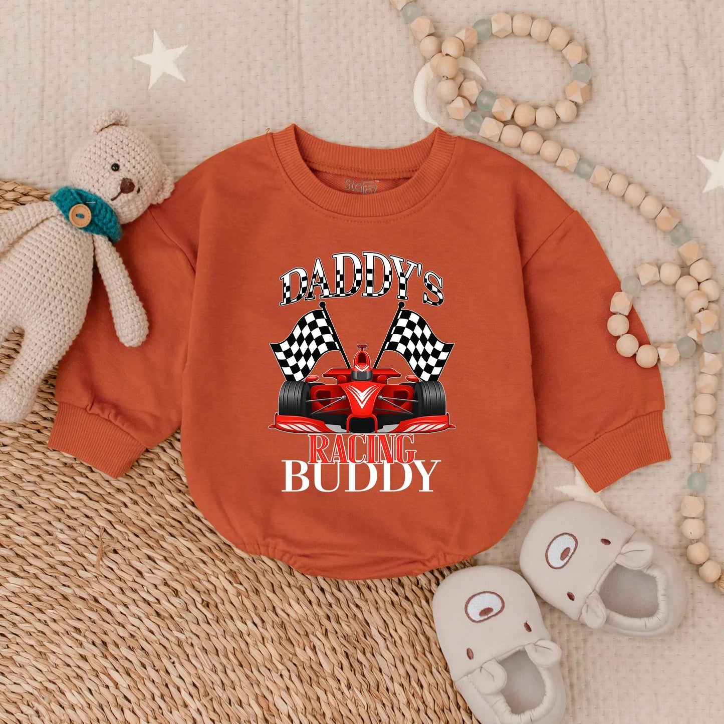 Daddy's Racing Buddy Baby Romper Checkered Flags Outfit, Cute Race Car Sweatshirt Infant Toddler Motorsports Clothes, Dad Son Matching Gift 134 chars