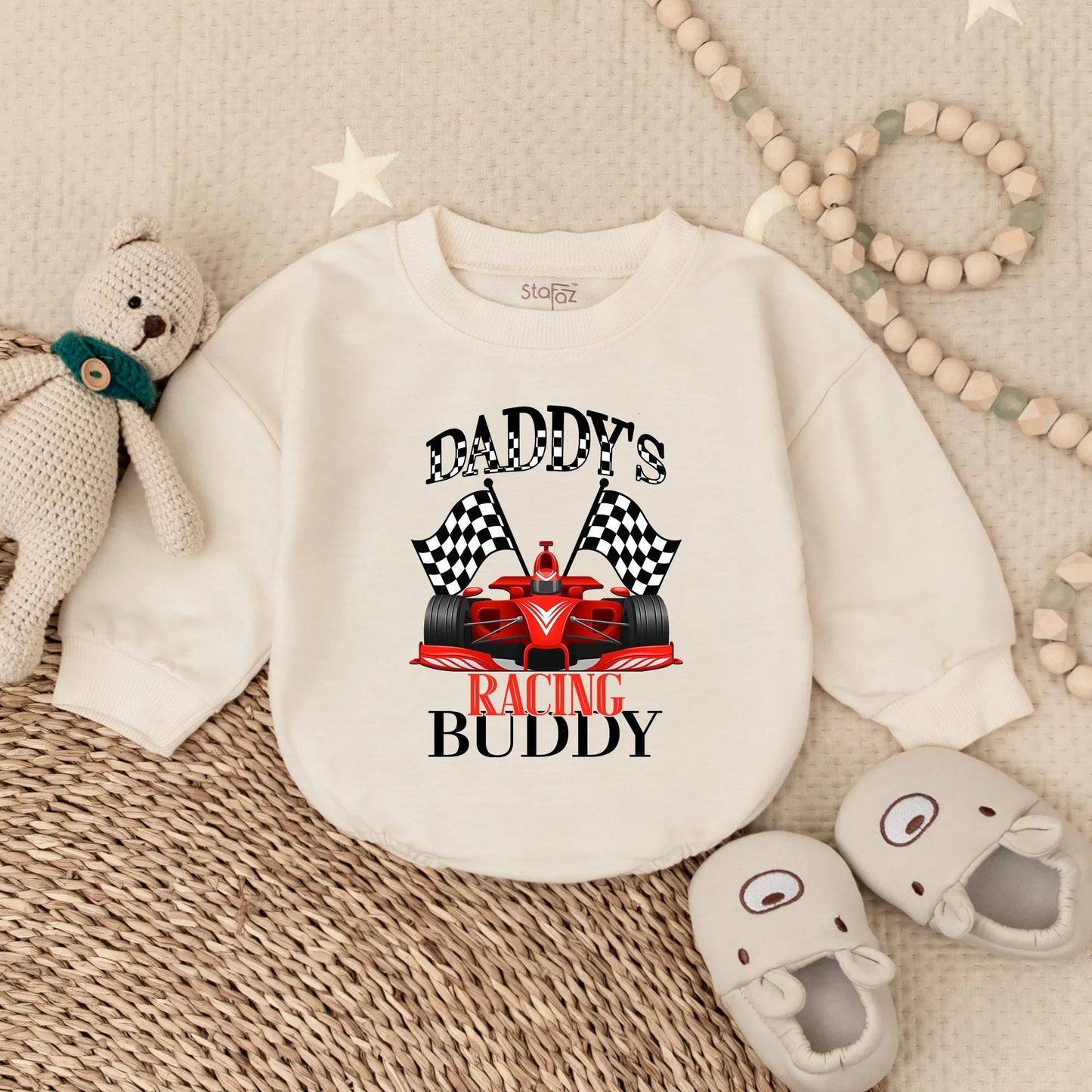 Daddy's Racing Buddy Baby Romper Checkered Flags Outfit, Cute Race Car Sweatshirt Infant Toddler Motorsports Clothes, Dad Son Matching Gift 134 chars