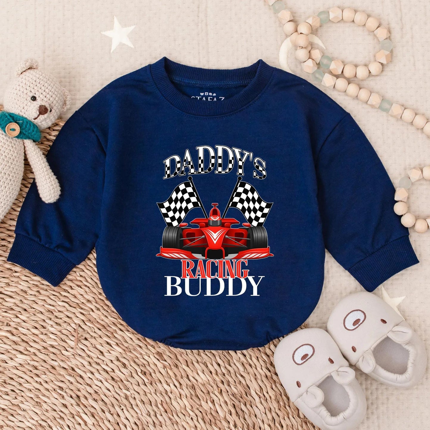 Daddy's Racing Buddy Baby Romper Checkered Flags Outfit, Cute Race Car Sweatshirt Infant Toddler Motorsports Clothes, Dad Son Matching Gift 134 chars