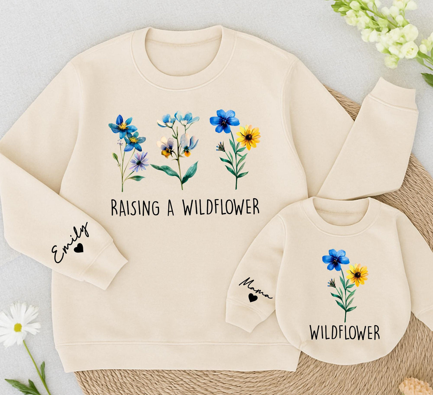 Matching Mama & Mini Wildflower Sweatshirt Outfits, Baby Romper Shower Gift for New Mom - Floral Family Clothes