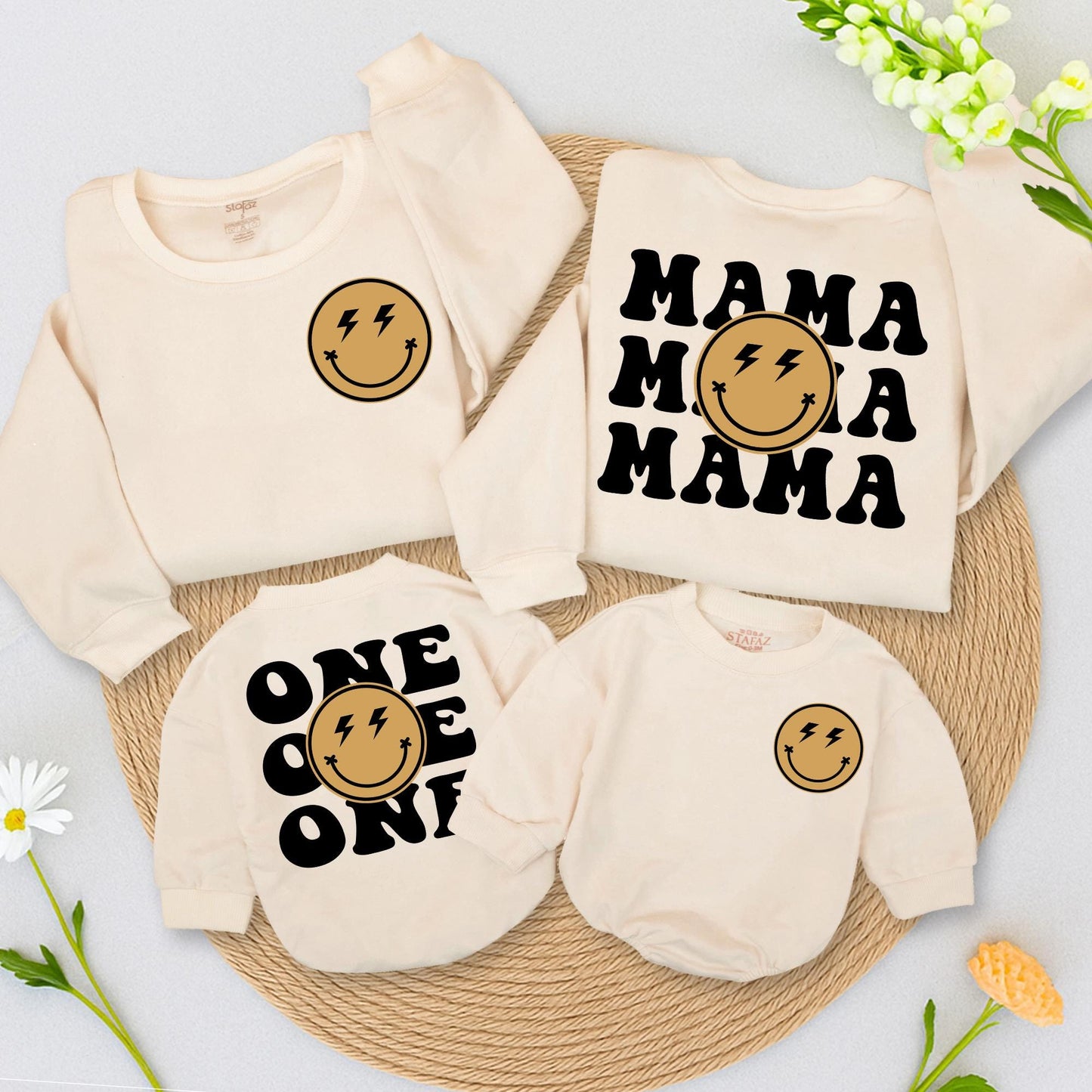 Matching First Birthday Happy Dude Family Outfit Golden Yellow Smiley Face Sweatshirt Bodysuit Romper Baby Mom Dad Gift Playful Modern Style