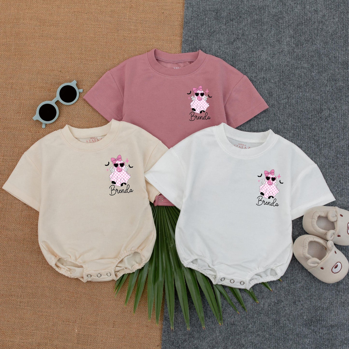 Custom My First Boo Pink Bubble Romper Girl Halloween Outfit Toddler Spooky Apparel Soft Comfortable Cotton Baby Gift Idea Fall Season