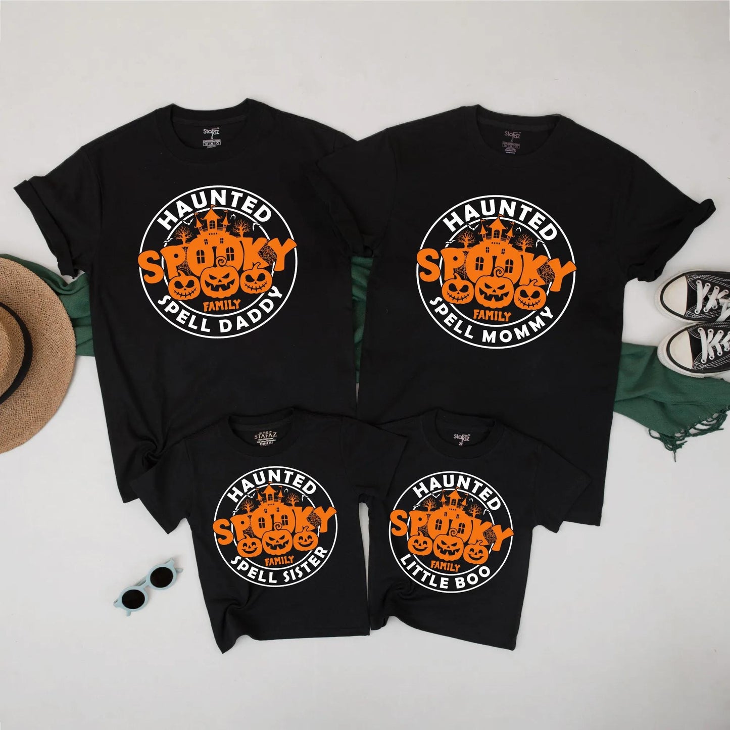 Personalized Haunted Spooky Halloween Family Matching Shirts for Adults Kids featuring black orange jack-o'-lanterns & house design perfect spooky season gift