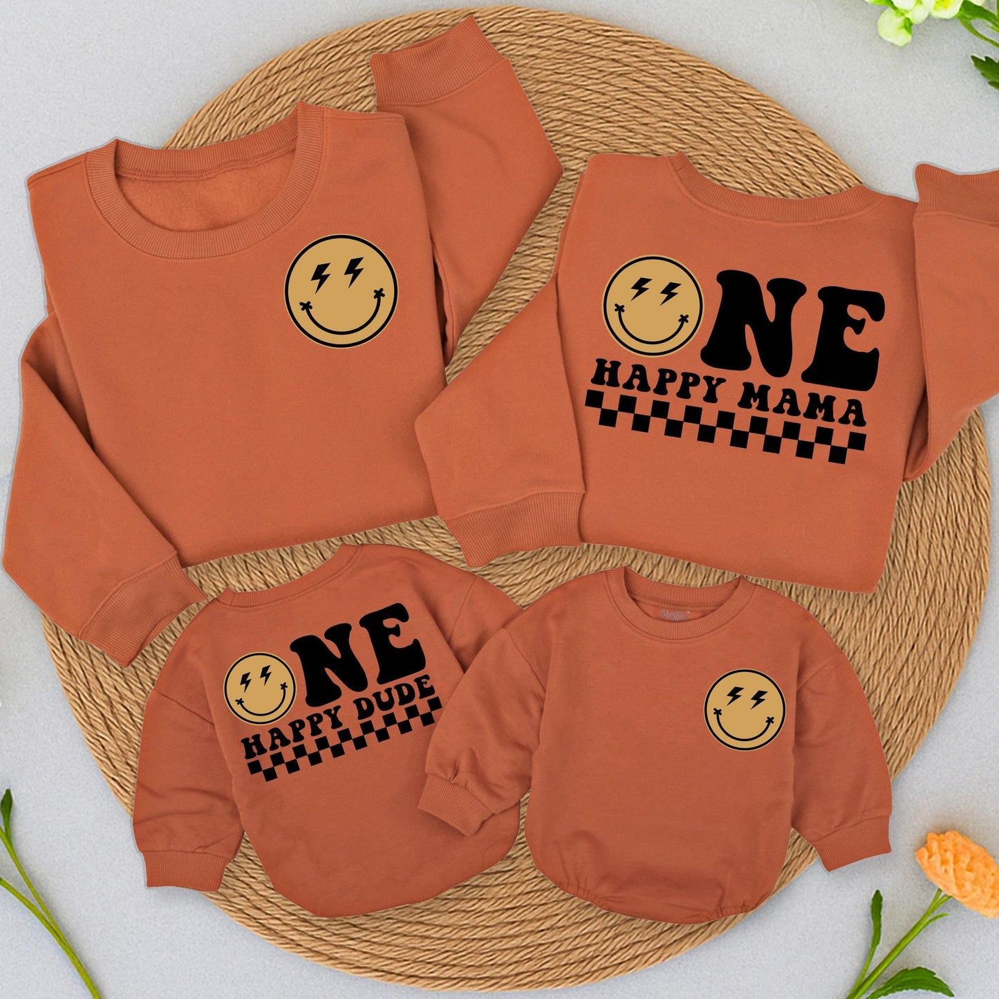 One Happy Dude 1st Birthday Matching Family Sweatshirt Set Smiley Face Party Outfit Tan Lightning Bolt Eyes First Birthday Bodysuit Mom Dad Gift (2 Sided)