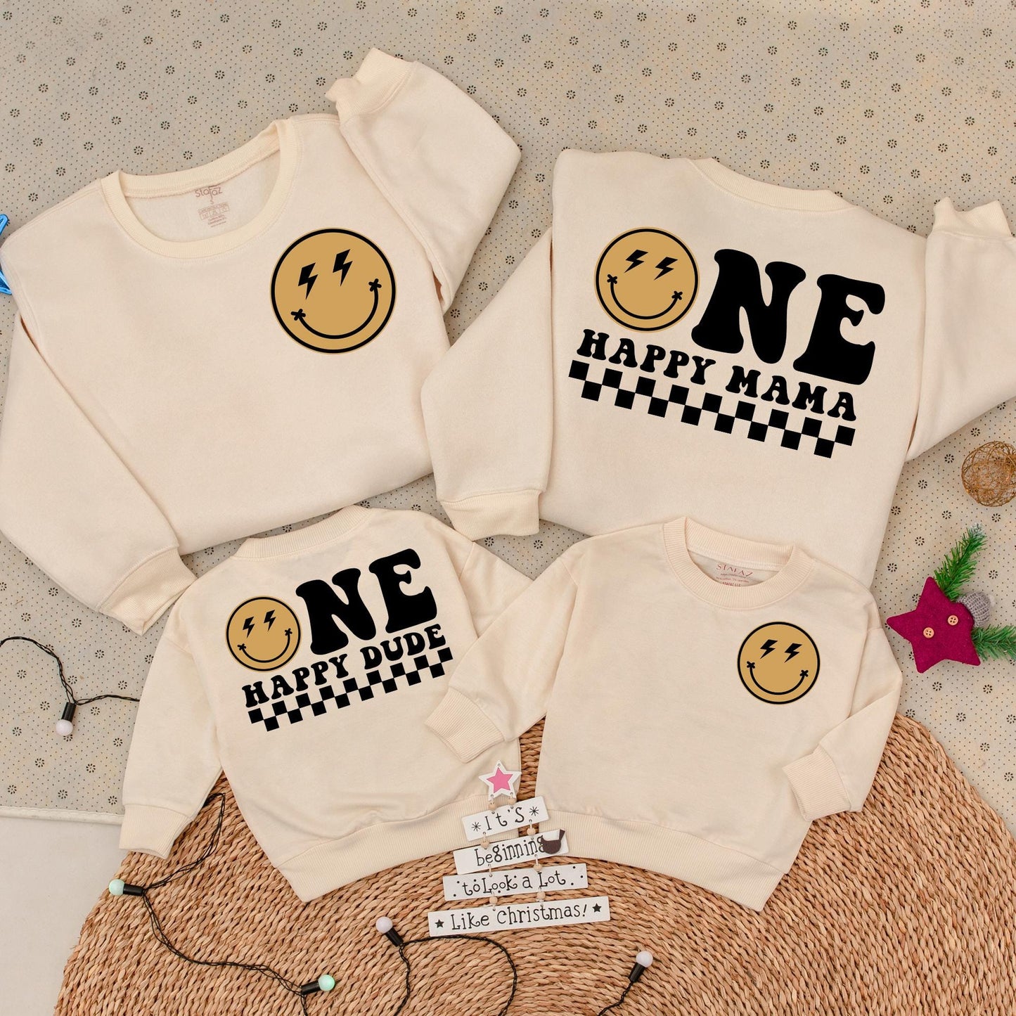 One Happy Dude 1st Birthday Matching Family Sweatshirt Set Smiley Face Party Outfit Tan Lightning Bolt Eyes First Birthday Bodysuit Mom Dad Gift (2 Sided)