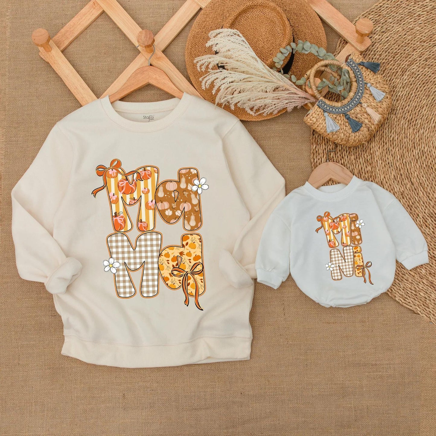 Cozy Mommy and Me Fall Sweatshirts with Sparkly Autumn Pumpkin Design, Soft Thanksgiving Mom Baby Outfits and Mother Daughter Sweaters
