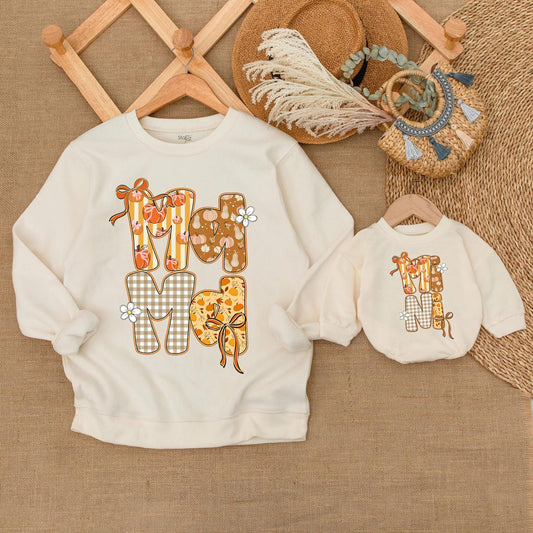 Cozy Mommy and Me Fall Sweatshirts with Sparkly Autumn Pumpkin Design, Soft Thanksgiving Mom Baby Outfits and Mother Daughter Sweaters