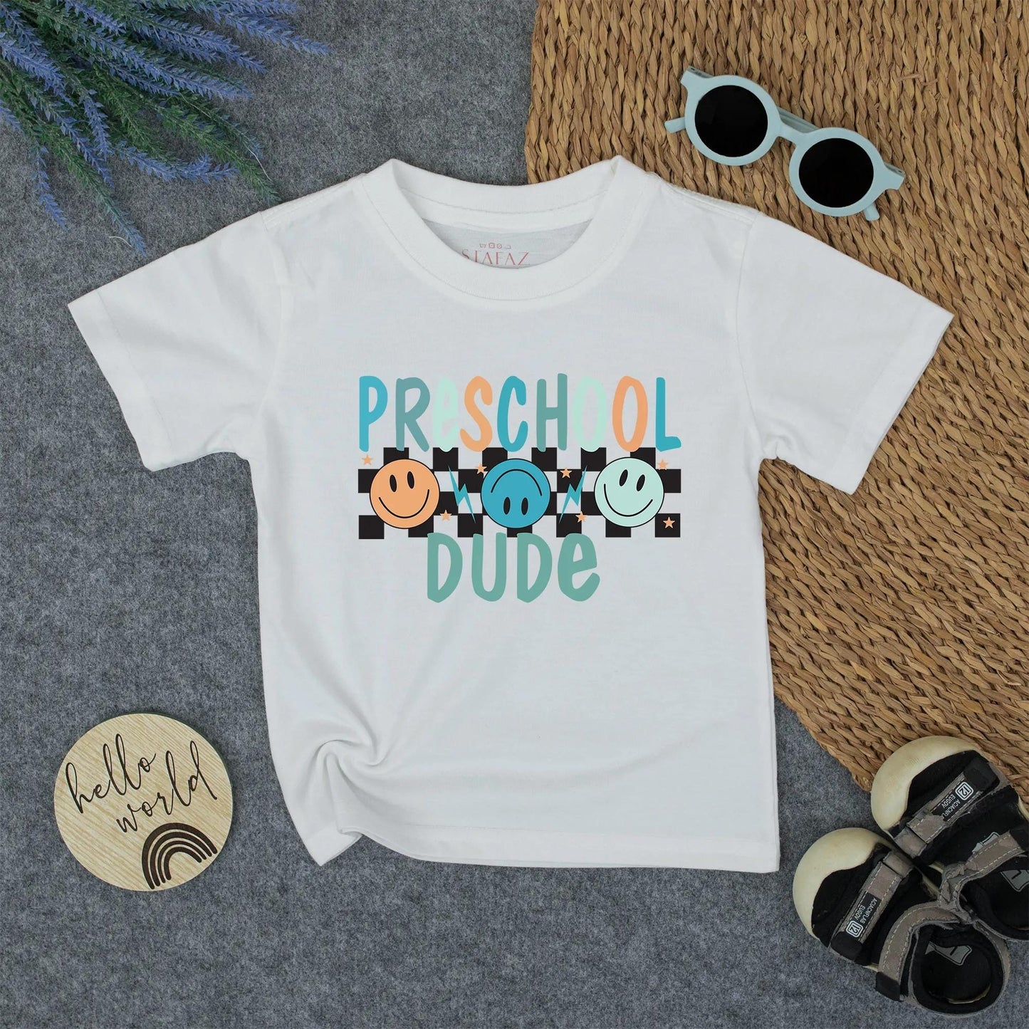 Preschool Dude Retro Tee - Back to School Natural Toddler Shirt with Smiley Faces and Stars, Cute First Day of School Outfit for Boys 134