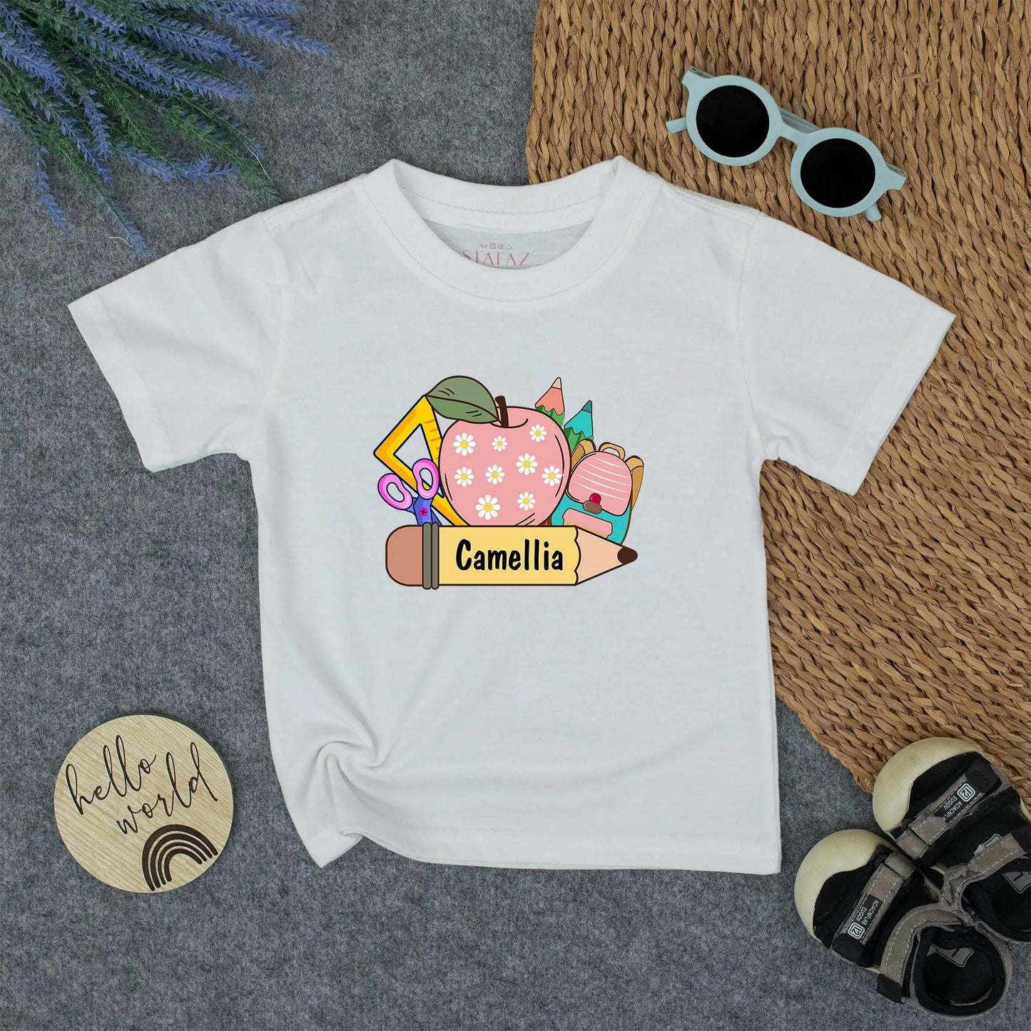 Cute Cartoon Back to School Shirt Personalized with Camellia Pencil Design First Day of School Kindergarten Toddler Youth