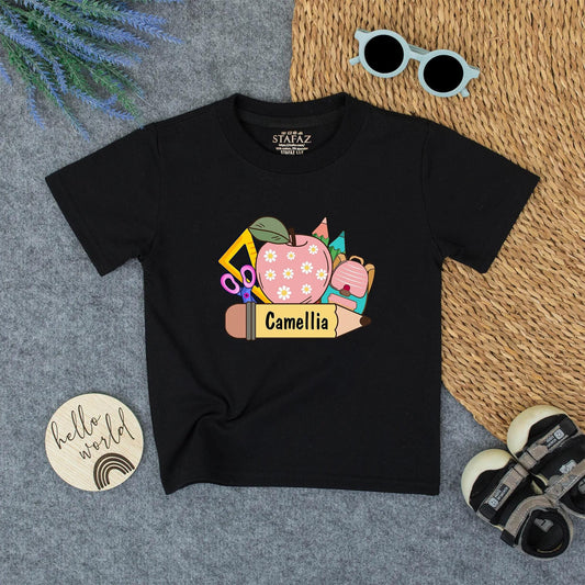 Cute Cartoon Back to School Shirt Personalized with Camellia Pencil Design First Day of School Kindergarten Toddler Youth