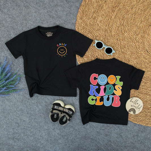 Retro Cool Kids Club Tee Personalized Calie Smiley Dot Shirt for Toddlers Fun Back to School Colorful Matching Family Outfit