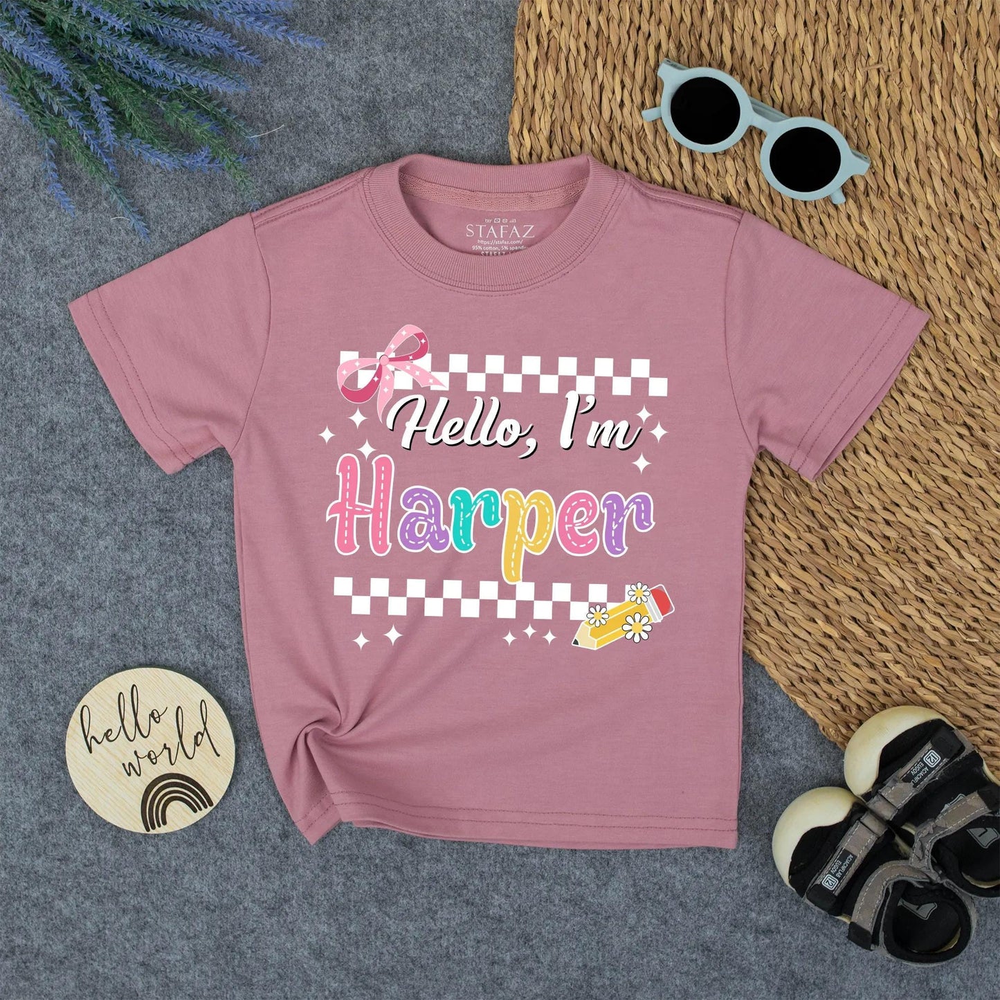 Personalized Back to School Shirt Hello I'm Name Tee, Cute First Day Outfit for Girls, Custom Preschool Top with Checkerboard & Stars (135 chars)