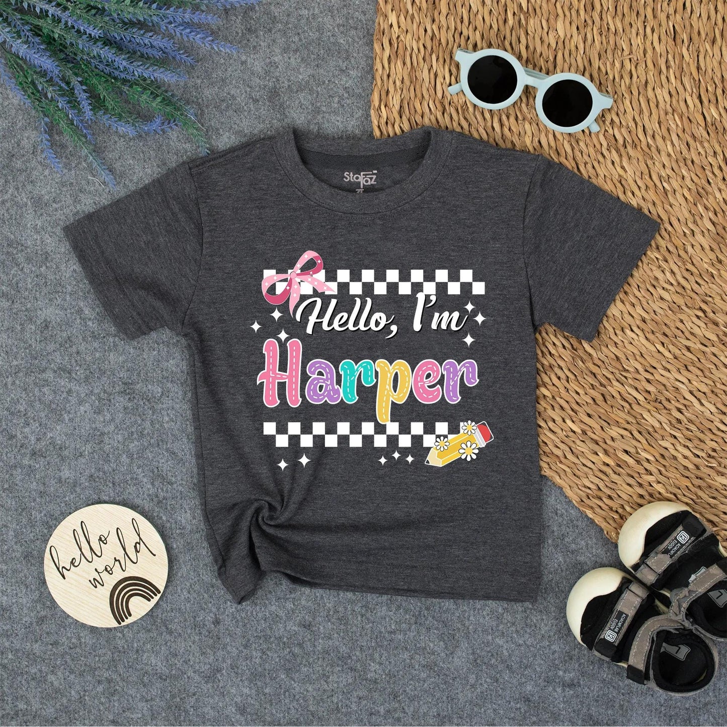 Personalized Back to School Shirt Hello I'm Name Tee, Cute First Day Outfit for Girls, Custom Preschool Top with Checkerboard & Stars (135 chars)