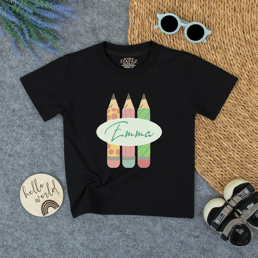 Personalized Kids Back to School Pencil Shirt with Name, whimsical pink polka dot and green striped design for toddler girls first day outfit