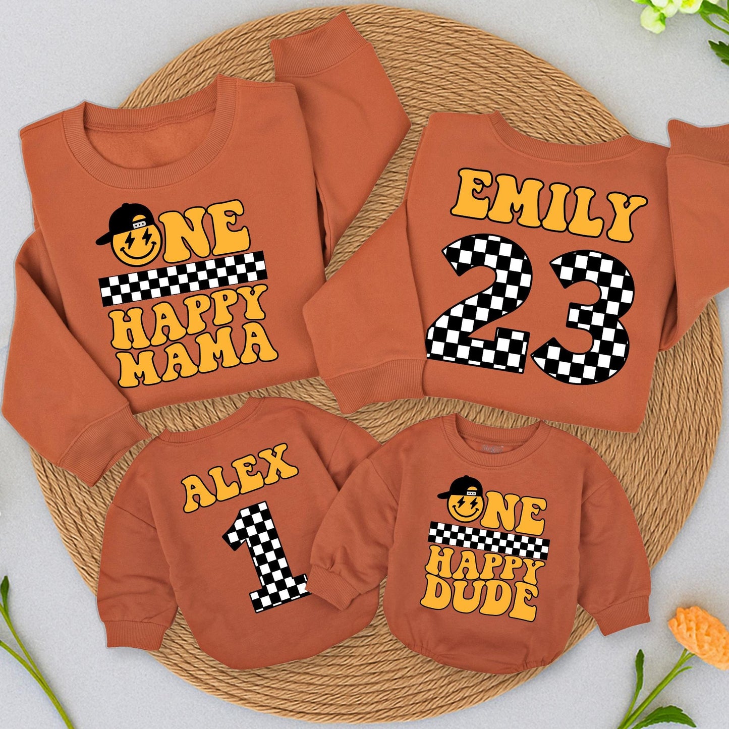 Matching Happy Dude 1st Birthday Outfit | Smiley Face Baseball Cap Design, Yellow & Black Checkered Flag Style, First Birthday Gift for Baby Boy